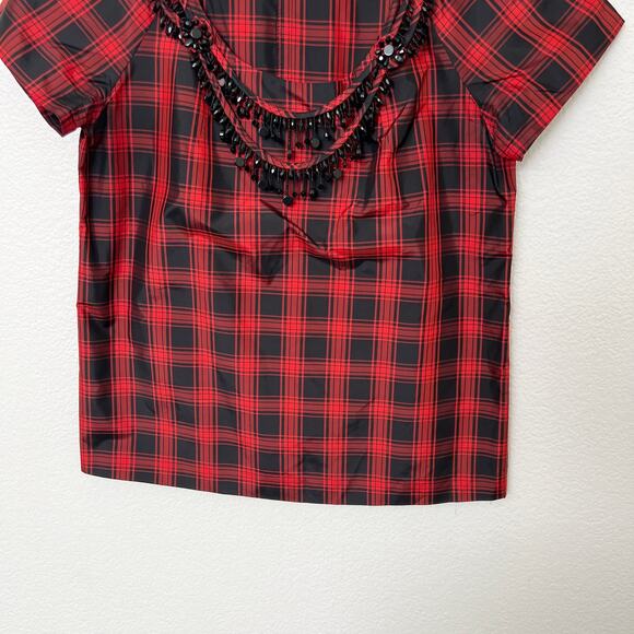 [J. Crew] Red Black Buffalo Plaid Eliza Jeweled Necklace Tartan Top Silk Size 6 - Picture 8 of 11